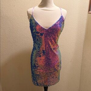 Fashion Nova Iridescent Sequin Mini Dress - Multicolor Pink Blue & Purple